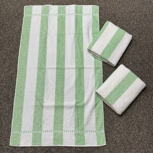 Vintage Dundee Green Striped Bath Towel Cotton Lot of 3 40x23